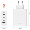 Biała ładowarka sieciowa z logo "FIXED" posiada cztery porty: trzy USB-C oznaczone jako USB-C1, USB-C2, USB-C3 oraz jeden USB-A. Wymiary ładowarki to 116 mm wysokości, 63 mm szerokości i 30 mm głębokości, a jej waga wynosi 249 g.