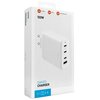 Białe opakowanie ładowarki sieciowej o mocy 120W z grafiką przedstawiającą urządzenie z trzema portami USB-C i jednym USB-A. Na opakowaniu widnieją napisy: "120W", "2x USB-C", "USB-A", "Power Delivery 3.0", "GaN120 CHARGER" oraz logo "FIXED".