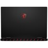 Czarny laptop z czerwonym logo smoka na pokrywie. Widoczne są porty z tyłu urządzenia oraz czerwone akcenty na obudowie.