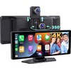 Tablet XENSO X10 z funkcją Bezprzewodowy CarPlay i Android Auto w kolorze czarnym, z widocznym ekranem wyświetlającym ikony aplikacji takich jak Phone, Music, Maps, Messages oraz oznaczenie "4K". Nad ekranem znajduje się kamera z możliwością obrotu o 350 