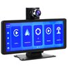 Na zdjęciu znajduje się czarny tablet z wyświetlaczem, na którym widoczne są ikony i napisy: "CarPlay", "Android Auto", "Car Record", "Playback", "Audio Out". W lewym górnym rogu ekranu widnieje godzina 13:33 i dzień tygodnia "Tuesday".