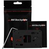 Czarne opakowanie z napisem "AM5 M4 Backplate" oraz instrukcja z tym samym napisem, obok znajduje się metalowy klucz i czarna płyta tylna z wycięciami. Na opakowaniu widoczny jest napis "Resealable / Wieder verschließbar" oraz logo z niedźwiedziem.