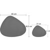 Na zdjęciu znajdują się dwie szare podkładki o nieregularnym kształcie, z podanymi wymiarami: większa ma 45 cm na 36,5 cm, a mniejsza 14 cm na 11 cm. Podkładki są przedstawione na białym tle z liniami przerywanymi wskazującymi wymiary.