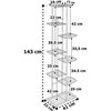 Czarno-biały schemat kwietnika o wysokości 143 cm z siedmioma półkami, z wymiarami podanymi w centymetrach: 24x22, 22, 39,5, 33, 42, 41x22, 42, 35,5, 34,5, 25. Półki rozmieszczone są na różnych wysokościach, a całość opiera się na prostokątnej podstawie.