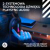 Na zdjęciu widoczne są czarne, bezprzewodowe słuchawki nauszne z kolorowym podświetleniem, a obok nich znajduje się tekst: "2-systemowa technologia dźwięku PlaySync Audio" oraz "Przełączaj się między Xbox/PS5/PC/Switch". W dolnym rogu widoczne jest logo z