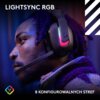 Na zdjęciu widoczne są bezprzewodowe słuchawki nauszne z podświetleniem RGB, a obok nich znajduje się tekst: "LIGHTSYNC RGB" oraz "8 KONFIGUROWALNYCH STREF". W lewym dolnym rogu widnieje symbol z napisem "16,8 M".