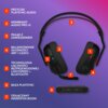 Na zdjęciu znajdują się czarne, bezprzewodowe słuchawki nauszne z pałąkiem, oznaczone numerami od 1 do 7, z opisami funkcji: "Przycisk PlaySync Audio", "Membrany Audio Pro-G", "Pałąk z zawieszeniem", "Balansowanie głośności gry i czatu", "Technologia łącz