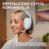 Na zdjęciu widoczne są białe, bezprzewodowe słuchawki nauszne z mikrofonem, a w tle znajduje się rozmyty obraz. Tekst na zdjęciu brzmi: "KRYSTALICZNIE CZYSTA KOMUNIKACJA" oraz "MIKROFON 16 kHz Z FUNKCJĄ WYCISZANIA PRZEZ OBRÓCENIE".