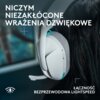 Białe, bezprzewodowe słuchawki nauszne z widocznym logo producenta na nauszniku. Na zdjęciu znajduje się tekst: "NICZYM NIEZAKŁÓCONE WRAŻENIA DŹWIĘKOWE" oraz "ŁĄCZNOŚĆ BEZPRZEWODOWA LIGHTSPEED".