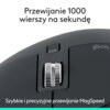 Na zdjęciu widoczna jest część grafitowej myszy komputerowej z metalowym kółkiem przewijania oraz logo "logi". Na górze znajduje się tekst: "Przewijanie 1000 wierszy na sekundę", a na dole: "Szybkie i precyzyjne przewijanie MagSpeed".