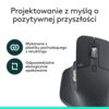 Na zdjęciu widoczna jest mysz komputerowa z napisem "logi" oraz tekst: "Projektowanie z myślą o pozytywnej przyszłości. Wykonane z plastiku pochodzącego z recyklingu. Odpowiedzialne ekologicznie opakowanie."