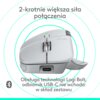 Jasnoszara mysz komputerowa z widocznym logo producenta, posiada dwa srebrne pokrętła i port USB-C. Na zdjęciu znajduje się tekst: "2-krotnie większa siła połączenia. Obsługa technologii Logi Bolt, odbiornik USB-C nie wchodzi w skład zestawu." oraz ikona 