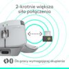Biała mysz komputerowa z widocznymi przyciskami i rolką, obok której znajduje się adapter USB, na tle koncentrycznych okręgów. Na zdjęciu widnieje tekst: "2-krotnie większa siła połączenia" oraz "Do pracy wymagającej skupienia".