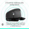 Ciemnoszara mysz komputerowa z widocznym logo producenta, posiadająca metalowe rolki przewijania i port USB-C. Na zdjęciu znajduje się tekst: "2-krotnie większa siła połączenia" oraz "Obsługa technologii Logi Bolt, odbiornik USB-C nie wchodzi w skład zest