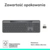 Na zdjęciu znajduje się klawiatura z napisem "logi" oraz mały odbiornik USB. Widoczny jest tekst: "Zawartość opakowania", "Odpowiedzialne ekologicznie opakowanie", "Klawiatura: 142,9 x 430,8 x 20,2 mm" oraz logo FSC z numerem "FSC® C112300".