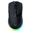 Czarna mysz komputerowa z podświetleniem RGB u podstawy oraz logo Razer w kolorze zielonym na obudowie. Mysz posiada dwa przyciski główne, rolkę przewijania oraz dodatkowy przycisk na środku.