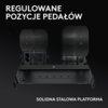 Na zdjęciu widoczny jest zestaw pedałów z regulowanymi pozycjami, umieszczony na solidnej stalowej platformie. Na górze znajduje się tekst: "REGULOWANE POZYCJE PEDAŁÓW", a na dole: "SOLIDNA STALOWA PLATFORMA".