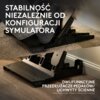 Na zdjęciu widoczny jest zestaw pedałów umieszczony na dywanie oraz na podłodze, z tekstem: "STABILNOŚĆ NIEZALEŻNIE OD KONFIGURACJI SYMULATORA" oraz "DWUFUNKCYJNE PRZEDŁUŻACZE PEDAŁÓW/UCHWYTY ŚCIENNE". Na produkcie znajduje się logo "RACING SERIES".