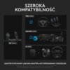 Na czarnym tle widoczny jest napis "SZEROKA KOMPATYBILNOŚĆ" oraz zdjęcia różnych zestawów kierownic i pedałów z oznaczeniami "PRO SERIES", "RACING SERIES" i "G SERIES". Na dole znajduje się informacja: "ADAPTER WYŚCIGOWY (RACING ADAPTER) JEST SPRZEDAWANY 