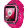 Różowy smartwatch z kolorowym ekranem, na którym widoczne są ikony: diamentu, gwiazdy, dymku z sercem oraz symbol telefonu. Na obudowie znajduje się logo w kształcie litery "K".