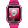 Różowy smartwatch z kolorowym ekranem, na którym widoczne są ikony: diament, gwiazda, serce z powiadomieniem oraz symbol telefonu. Na obudowie zegarka znajduje się logo w kształcie litery "K".
