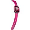 Różowy smartwatch z prostokątnym wyświetlaczem, na którym widoczne są ikony aplikacji na różowym tle. Pasek zegarka ma perforowany wzór i kilka otworów do regulacji.