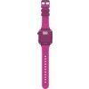 Różowy smartwatch z prostokątną tarczą i silikonowym paskiem, na tarczy widoczne jest logo "KIDi Watch". Pasek ma regulowane zapięcie z kilkoma otworami.