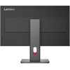 Czarny monitor z logo "Lenovo" na górze, widoczny od tyłu z centralnie umieszczoną podstawą i czerwonym przyciskiem z boku. Na dolnej krawędzi znajdują się niewielkie oznaczenia i przyciski.