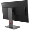 Czarny monitor z logo "Lenovo" na tylnej obudowie, zamontowany na szarej podstawie z czerwonym akcentem. Na obudowie widoczne są przyciski i porty, a także otwory wentylacyjne.
