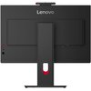 Czarny monitor z logo "Lenovo" na górze, widoczny od tyłu z centralnie umieszczonym stojakiem. Na obudowie znajdują się przyciski i porty, a w dolnej części stojaka widoczny jest czerwony element.