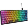 Klawiatura mechaniczna z podświetleniem RGB, ukazująca różnokolorowe klawisze z widocznymi oznaczeniami liter i symboli. Klawisze funkcyjne od F1 do F12 oraz inne standardowe klawisze są wyraźnie oznaczone.