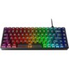 Na zdjęciu znajduje się klawiatura z podświetleniem RGB, na której widoczne są klawisze z oznaczeniami liter, cyfr i funkcji, takie jak "QWERTY", "F1" do "F12", "Enter", "Shift", "Ctrl", "Alt", "Backspace", "Home", "PgUp", "PgDn" i "End". Klawiatura ma kompaktowy układ i jest podłączona kablem.