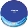Niebieski Discman z logo "Lenco" na górze oraz napisem "Compact Disc Digital Audio" poniżej. Na dolnej części urządzenia znajduje się wyświetlacz LCD pokazujący czas 01:58:43 oraz przyciski sterujące.