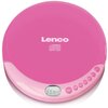 Różowy odtwarzacz CD z logo "Lenco" na górze oraz napisem "Compact Disc Digital Audio" poniżej. Na dolnej części widoczny jest wyświetlacz LCD z czasem "15:08:43" oraz kilka przycisków funkcyjnych.