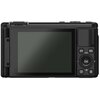 Czarny aparat fotograficzny z dużym ekranem LCD i zestawem przycisków po prawej stronie, w tym przyciski oznaczone jako "INFO", "MENU", "DISP", "OK", oraz ikony kosza i odtwarzania. Aparat posiada teksturę na obudowie i widoczne są elementy sterujące, tak