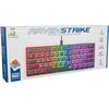 Opakowanie klawiatury mechanicznej z podświetleniem RGB, z widocznym logo "FroggieX" oraz napisem "RAVEN STRIKE MECHANICAL GAMING KEYBOARD". Na opakowaniu znajdują się informacje o przełącznikach "OUTEMU RED Switches" oraz funkcjach takich jak "Full LED R