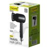 Opakowanie suszarki do włosów z widocznym zdjęciem produktu oraz tekstem: "Maestro Beauty", "TRAVEL HAIR DRYER", "DC MOTOR", "2 SPEED MODES", "WITH CONCENTRATOR", "FOLDABLE HANDLE", "OVERHEATING PROTECTION", "MAX POWER: 1500 W", "MR-200". Na opakowaniu zn