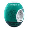 Zielone opakowanie w kształcie jajka z białym, teksturowanym otworem, ozdobione liniowym rysunkiem twarzy oraz napisami: "Satisfyer", "Naughty" i "Masturbator Egg". Na opakowaniu widoczne jest również logo producenta.