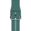 Zielony pasek do zegarka wykonany z silikonu, z metalową klamrą i rzędem otworów do regulacji. Produkt przeznaczony do Apple Watch 4/5/6/7/8/9/10/SE/Ultra (44/45/46/49 mm).