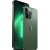 Na zdjęciu widoczny jest smartfon w kolorze alpejskiej zieleni z trzema aparatami z tyłu i logo w kształcie nadgryzionego jabłka. Ekran urządzenia wyświetla gradient w odcieniach zieleni.