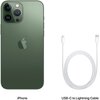 Zielony smartfon z trzema aparatami z tyłu oraz białym kablem USB-C do Lightning. Pod zdjęciem widnieją napisy: "iPhone" oraz "USB-C to Lightning Cable".