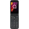 Telefon z klapką w kolorze szarym, z widocznym kolorowym ekranem i dużymi przyciskami numerycznymi. Na ekranie wyświetlone jest logo w kształcie stylizowanej litery "a".