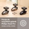Na zdjęciu znajdują się trzy golarki z wymiennymi głowicami, ustawione na blacie, obok których leży pięć dodatkowych głowic. W dolnej części zdjęcia widnieje tekst: "Pasuje do wszystkich golarek Philips Head Pro HS5980, HS7980, HS9980" oraz ikona przedsta