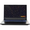 Laptop z otwartym ekranem, na którym widoczny jest wzór z pomarańczowymi ikonami na ciemnym tle oraz logo "HiRO". Klawiatura jest podświetlona na niebiesko.