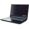 Laptop z podświetlaną klawiaturą i ekranem wyświetlającym wzór z małymi, pomarańczowymi ikonami na ciemnym tle. W prawym dolnym rogu ekranu widoczne jest logo "HIRO".