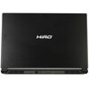 Czarny laptop z zamkniętą pokrywą, na której widnieje białe logo "HIRO". Na dolnej krawędzi widoczne są porty, w tym HDMI i Ethernet.