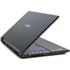 Czarny laptop z logo "HIRO" na pokrywie, częściowo otwarty, z widoczną klawiaturą podświetlaną na niebiesko. Na obudowie znajdują się różne porty oraz naklejki z oznaczeniami technicznymi.