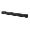 Czarny soundbar o prostokątnym kształcie z widocznym logo "Philips" na górnej powierzchni. Na przednim panelu znajdują się trzy małe diody oraz przyciski dotykowe.