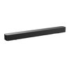 Czarny soundbar o prostokątnym kształcie z widoczną siatką na przedniej części i gładką powierzchnią na górze. Na górnej części znajduje się logo "PHILIPS" oraz kilka przycisków funkcyjnych.