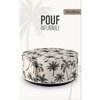 Dmuchana pufa z wzorem palm na jasnym tle, z napisem "POUF INFLATABLE" oraz wymiarami "Ø55 x H25 cm". W tle widoczny jest zarys palmy.